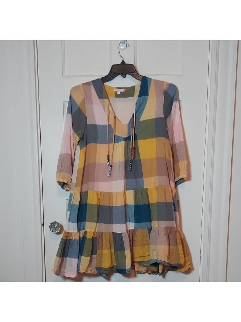 Pink Chicken Multi Gingham Ruffle Dress Sz XS